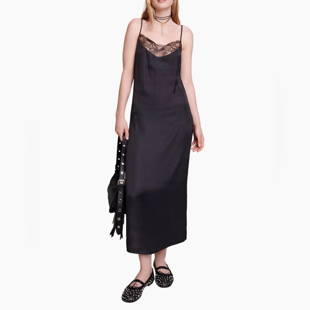 Maje Black Satin-Look Maxi Dress NWOT